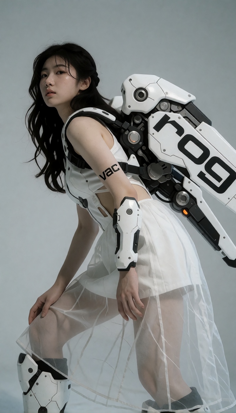 a young east asian woman posing in futuristic attire against a solid light gray background. she is equipped with a large w...