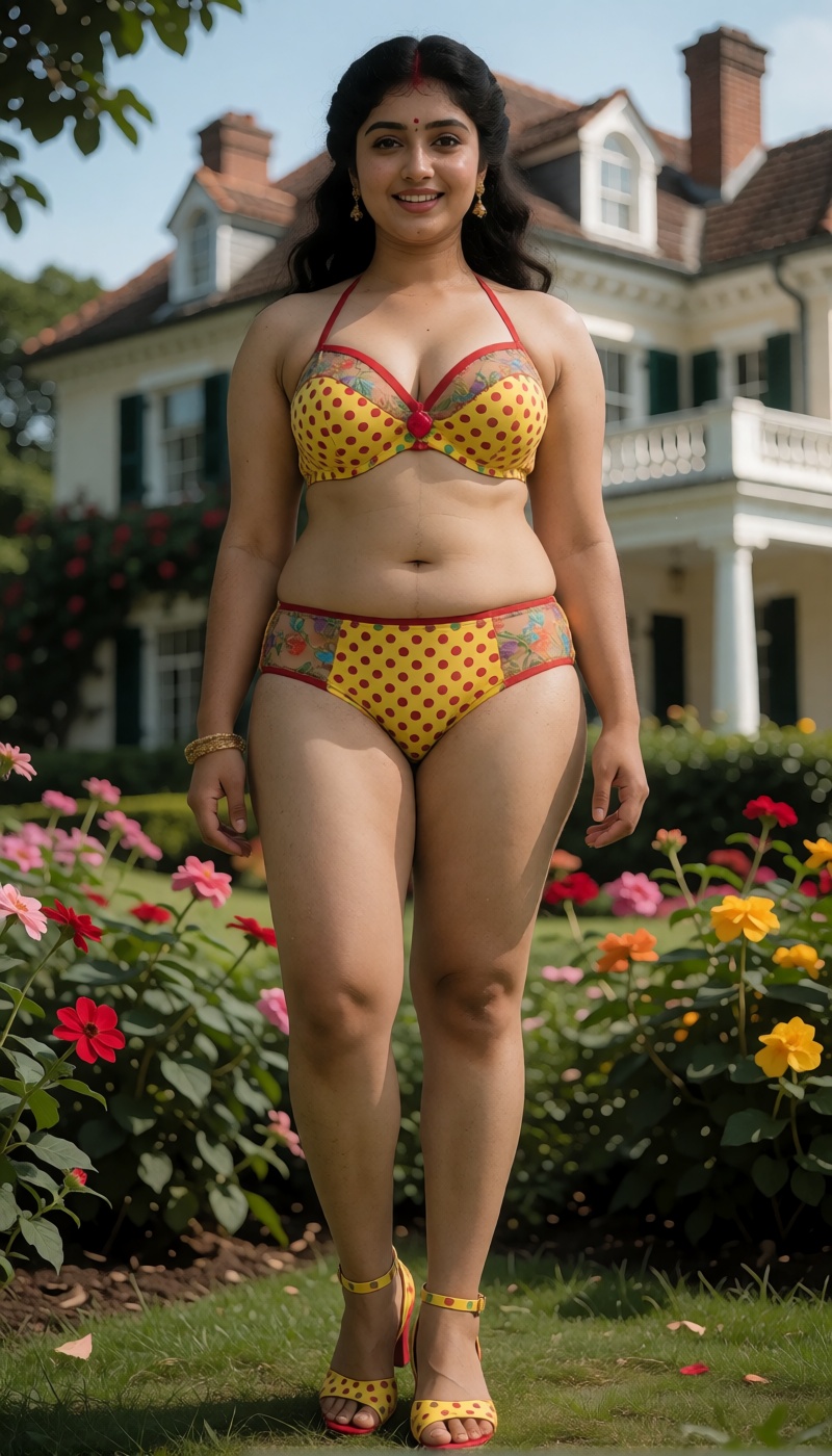 a full front view body picture of front view of a plus size south Indian sexy transwoman butt with curvy boobs and cleavag...