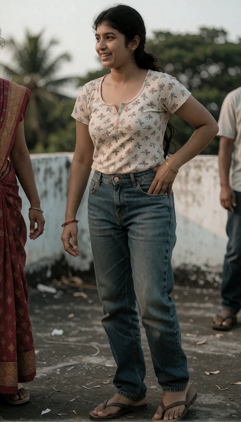 Create a candid picture of a sexy young transwoman in Kerala. She is standing on a rooftop,  showcasing her long legs and...