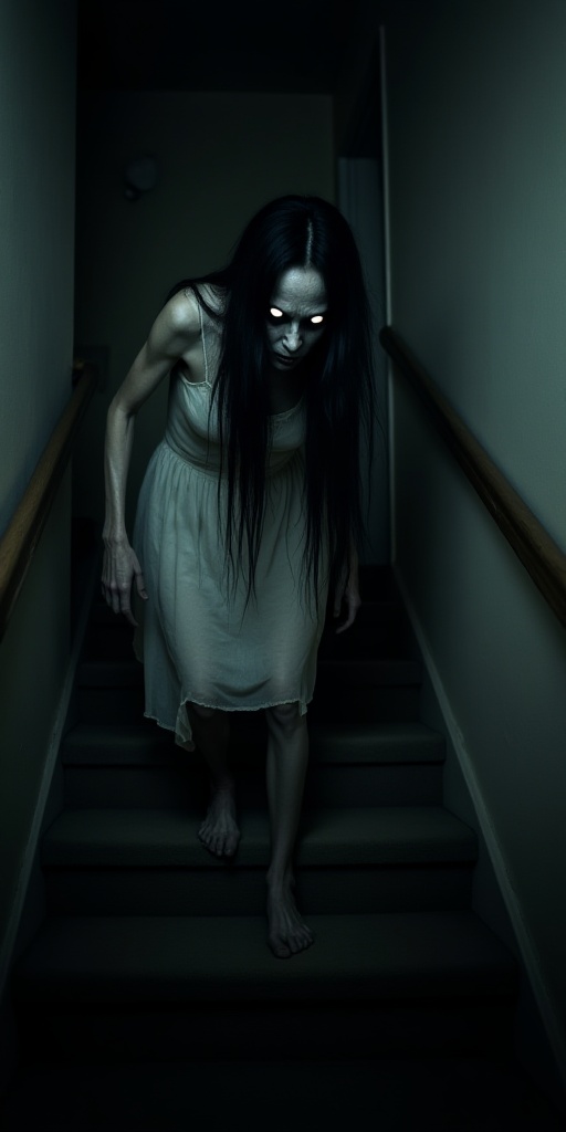 The image is in a dark room. There is a figure with long black hair and a white dress crawling down the stairs. The figure...