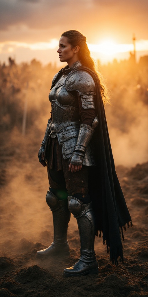 Create a 9:16 vertical full-body shot of a powerful female warrior standing on a dramatic medieval battlefield. Capture he...