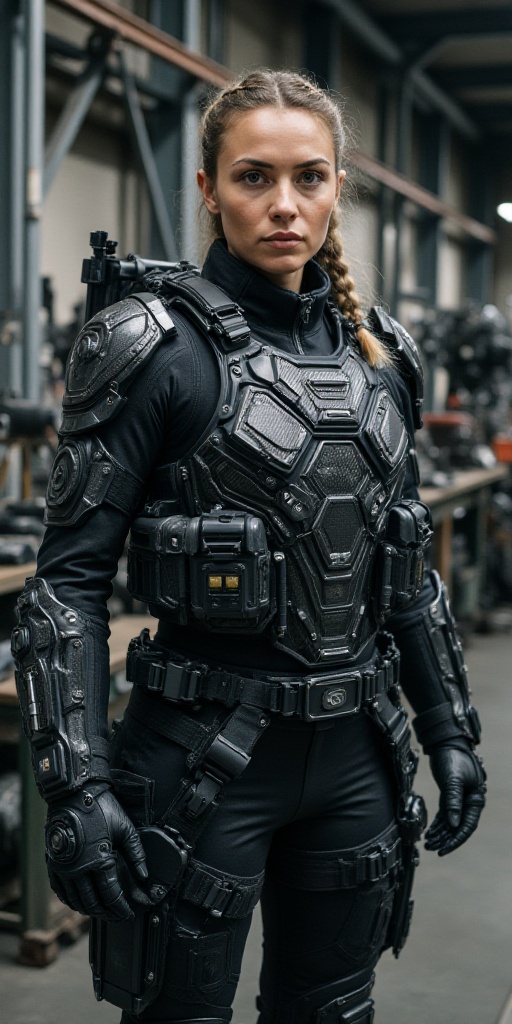 The image shows a person wearing a futuristic tactical suit,  which includes a high-tech armor system with various attachm...
