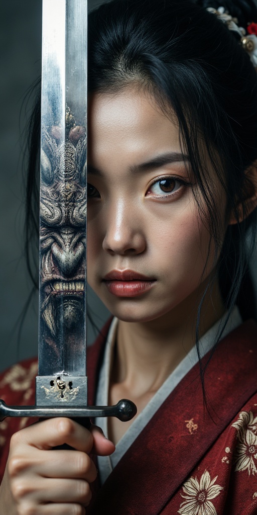 beautiful Japanese female warrior is holding a reflective shiny katana in front of the left hand side of her face,  an anc...