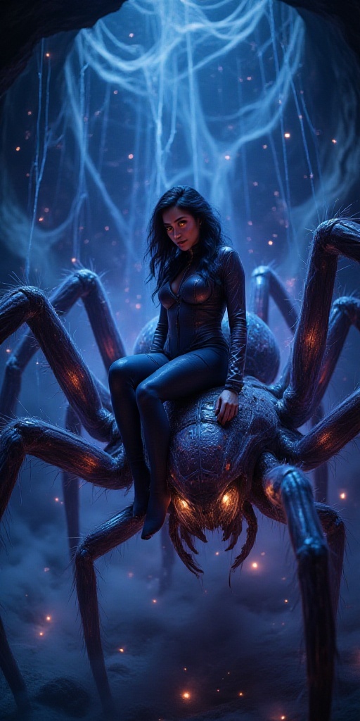 A woman with dark hair,  seated atop a large,  dark spider-like creature on Tensor.Art