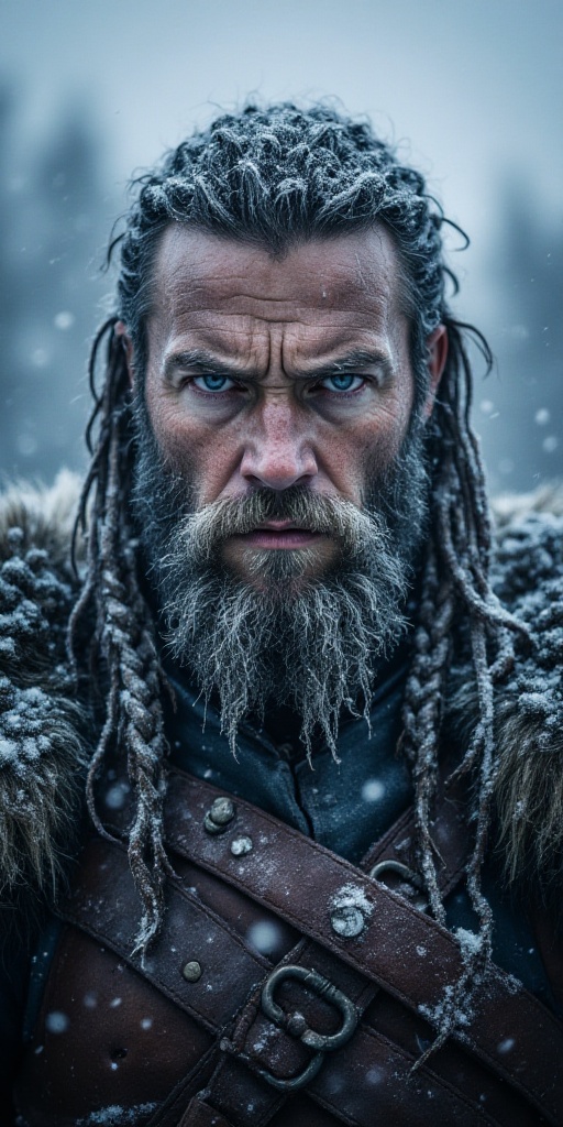 Cinematic close-up portrait of a rugged,  weathered Viking warrior standing in a heavy blizzard. The man has a fierce,  in...
