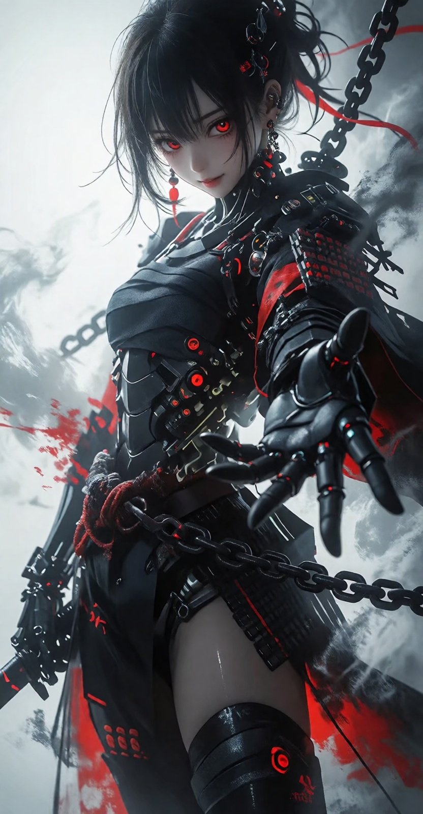 In the style of a cyberpunk warriorin front of a solid intense,  Cyber-Samuraji,  metal chain on Tensor.Art