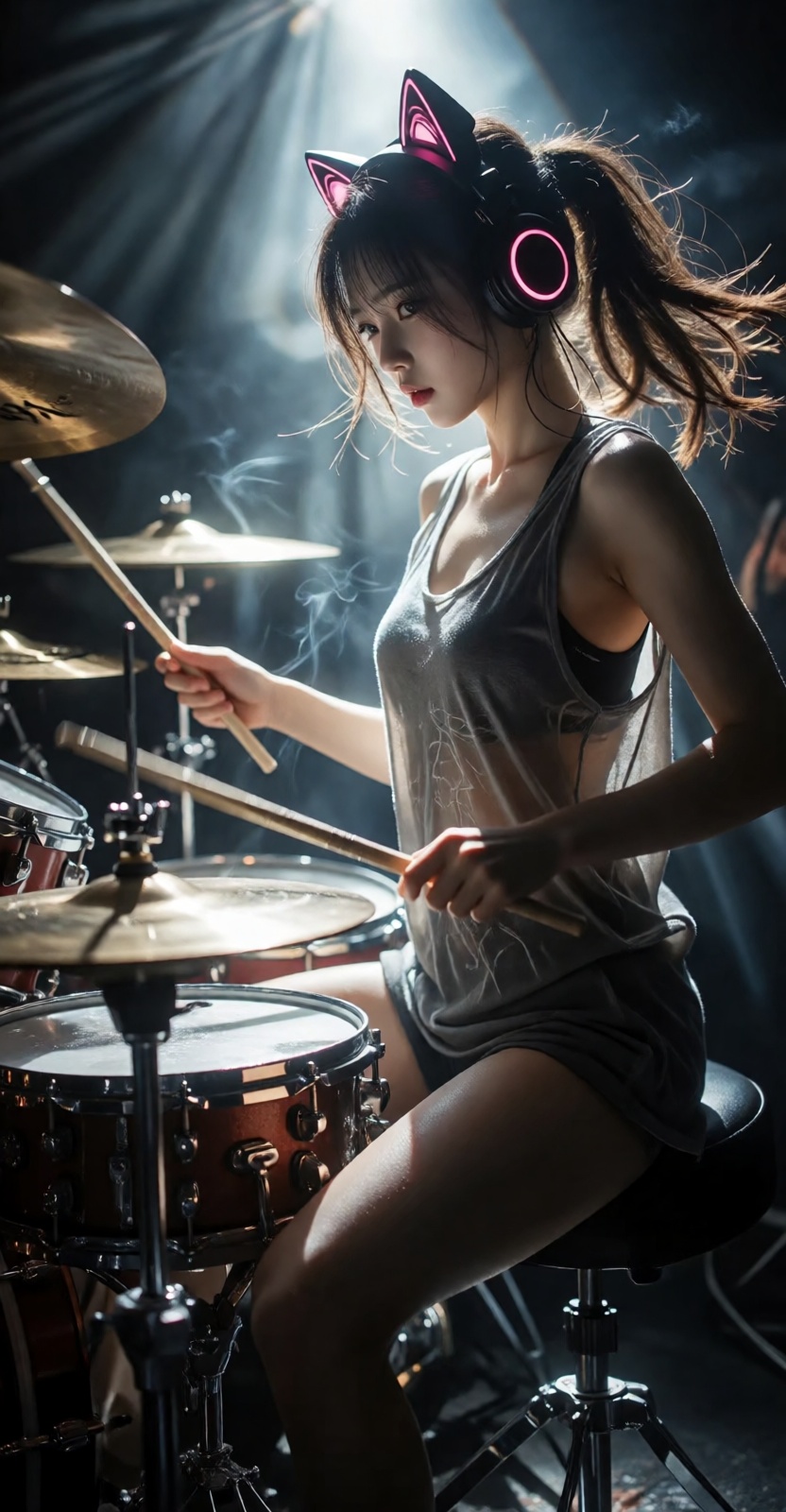 Drumer beats Ultra-photorealistic IMAX cinematic shot of asian female drummer captured from a front 3/4 diagonal angle,  s...