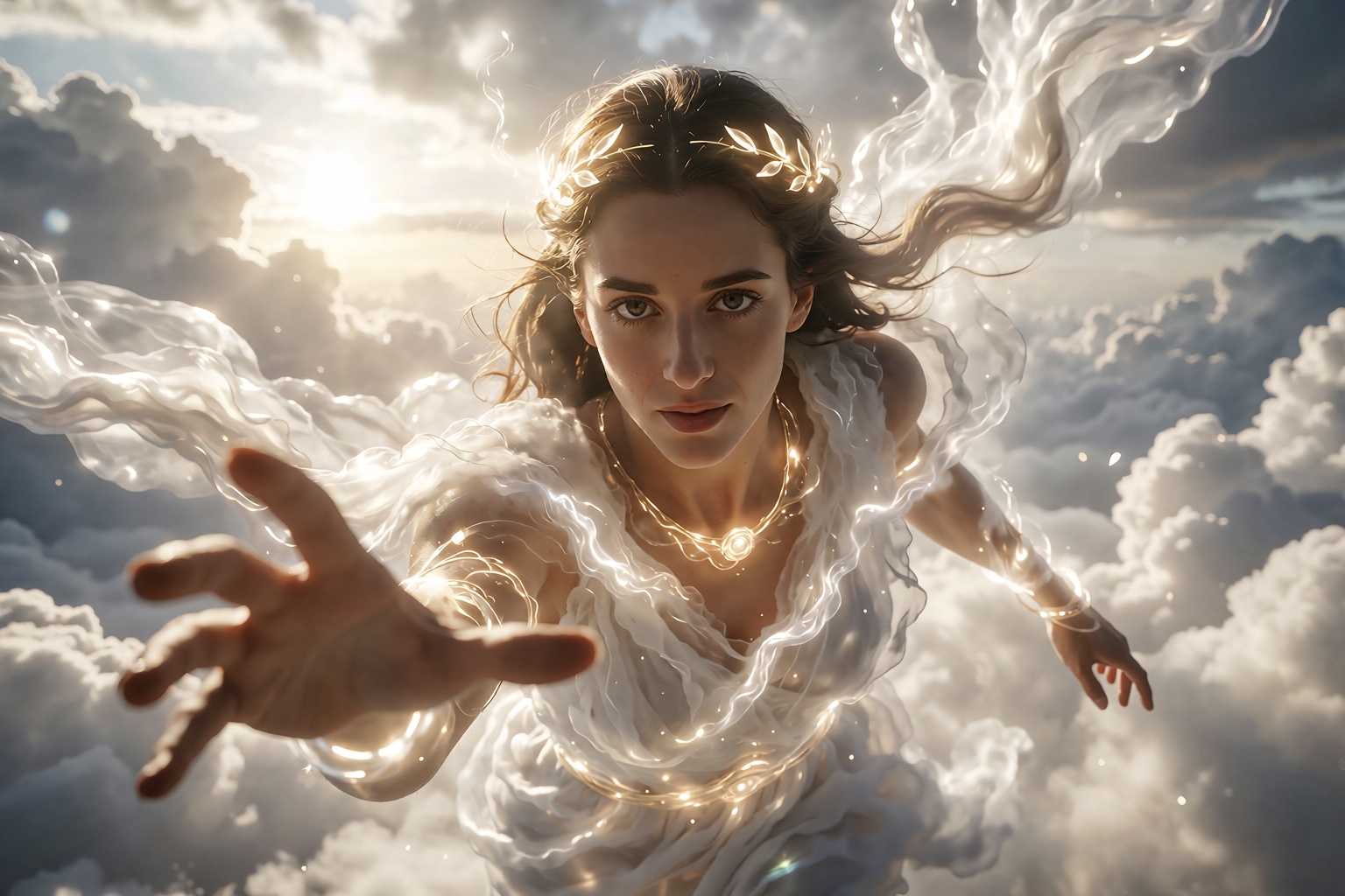 A cinematic still from a fantasy film featuring CaitC,  a beautiful goddess floating within a luminous sea of clouds at su...