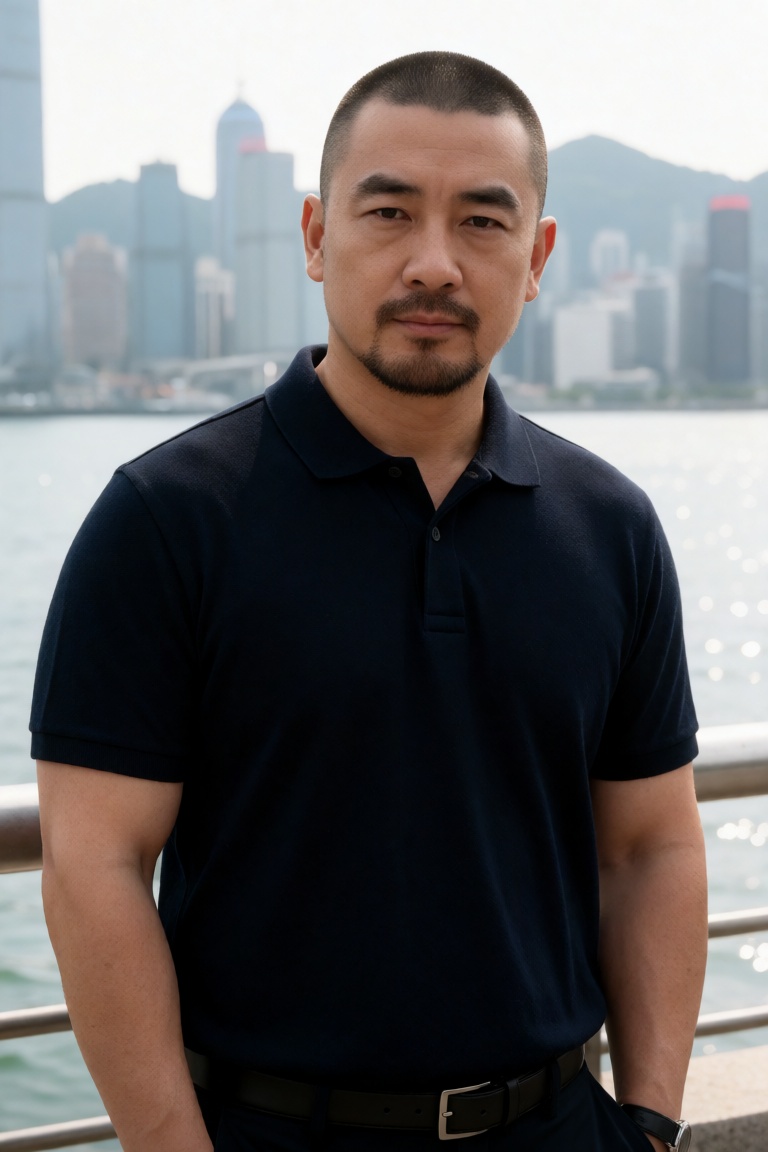photo of a middle-aged asian man with a buzz cut and goatee,  wearing a navy polo shirt,  standing by a waterfront railing...