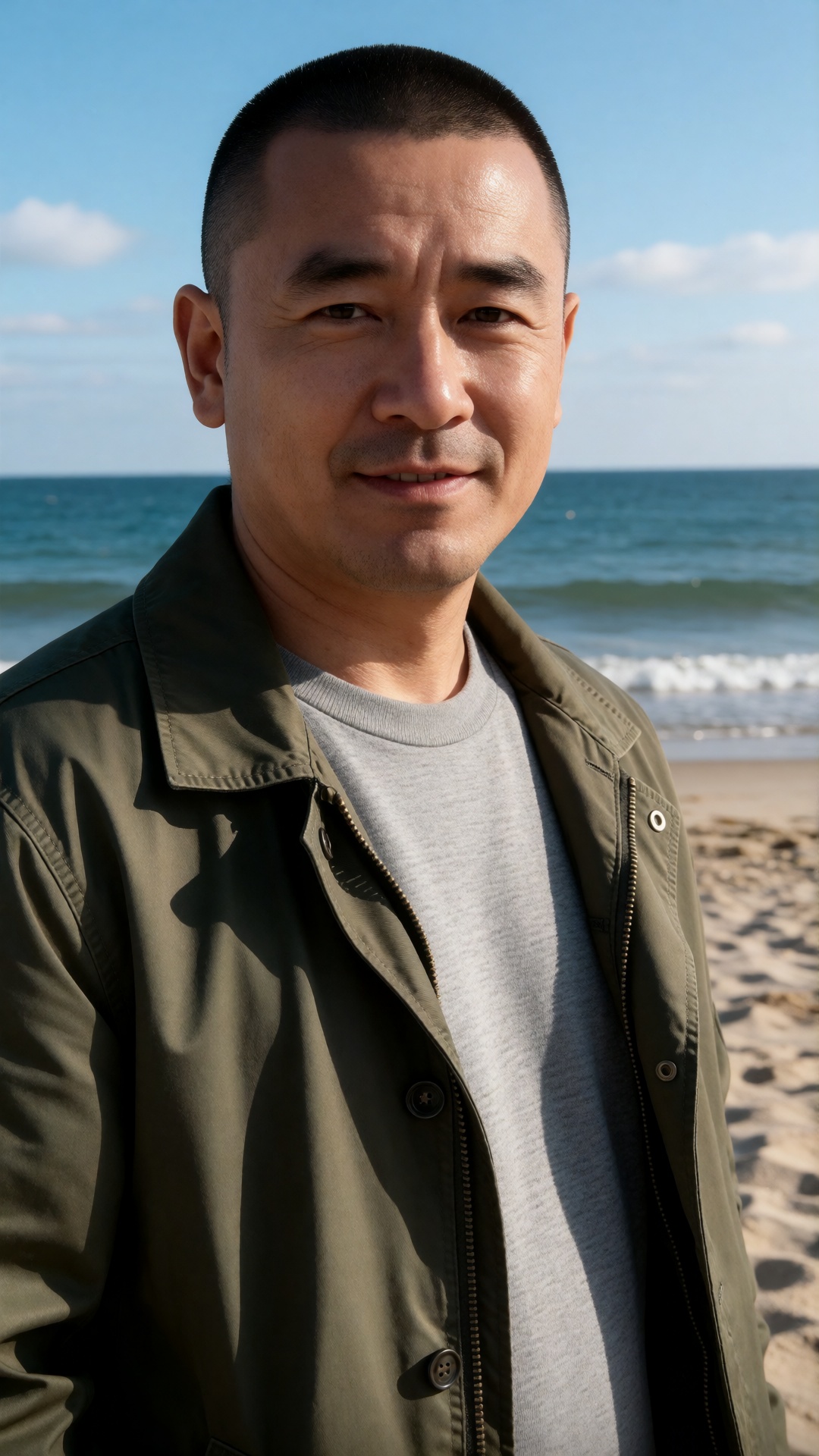 亚洲熟男,  真人,  A man with very short hair is standing on a beach. He wears an olive green jacket over a light gray T - shirt....