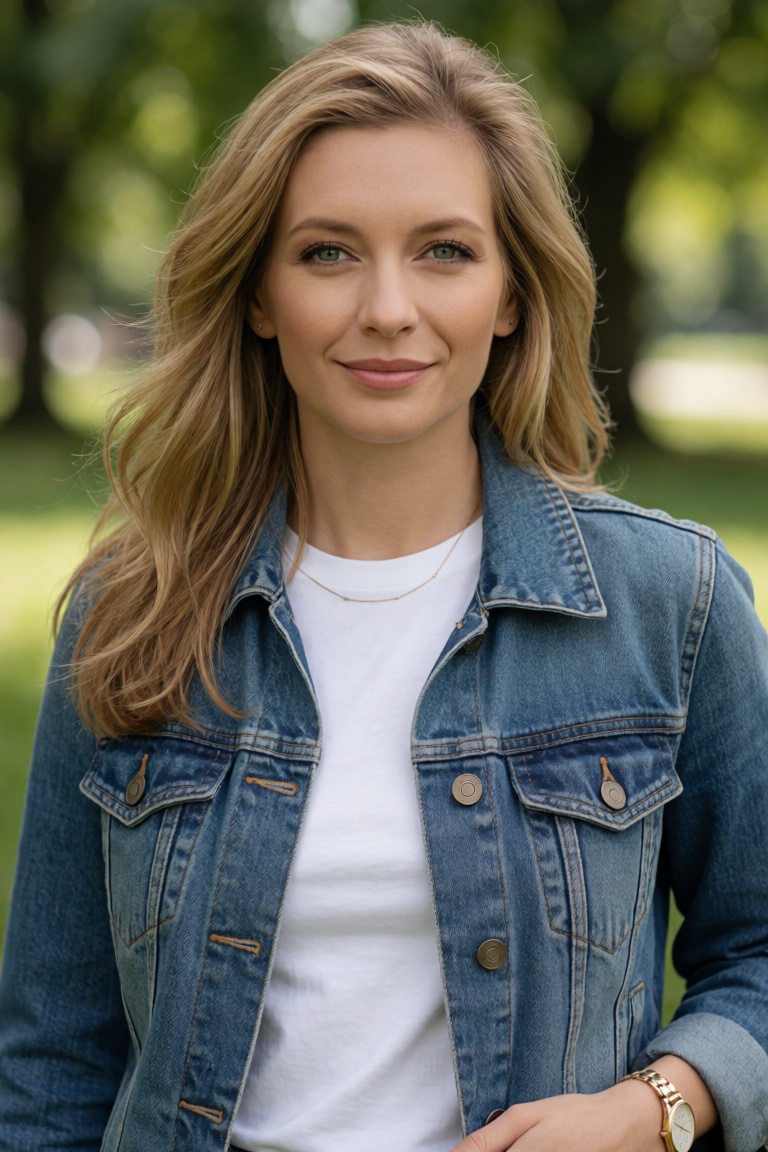 Professional editorial portrait photograph taken during an outdoor photoshoot in a park. Captured with a full-frame camera...
