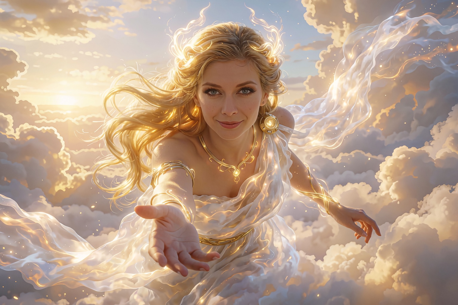 A cinematic still from a fantasy film featuring RachRil,  a beautiful goddess floating within a luminous sea of clouds at...