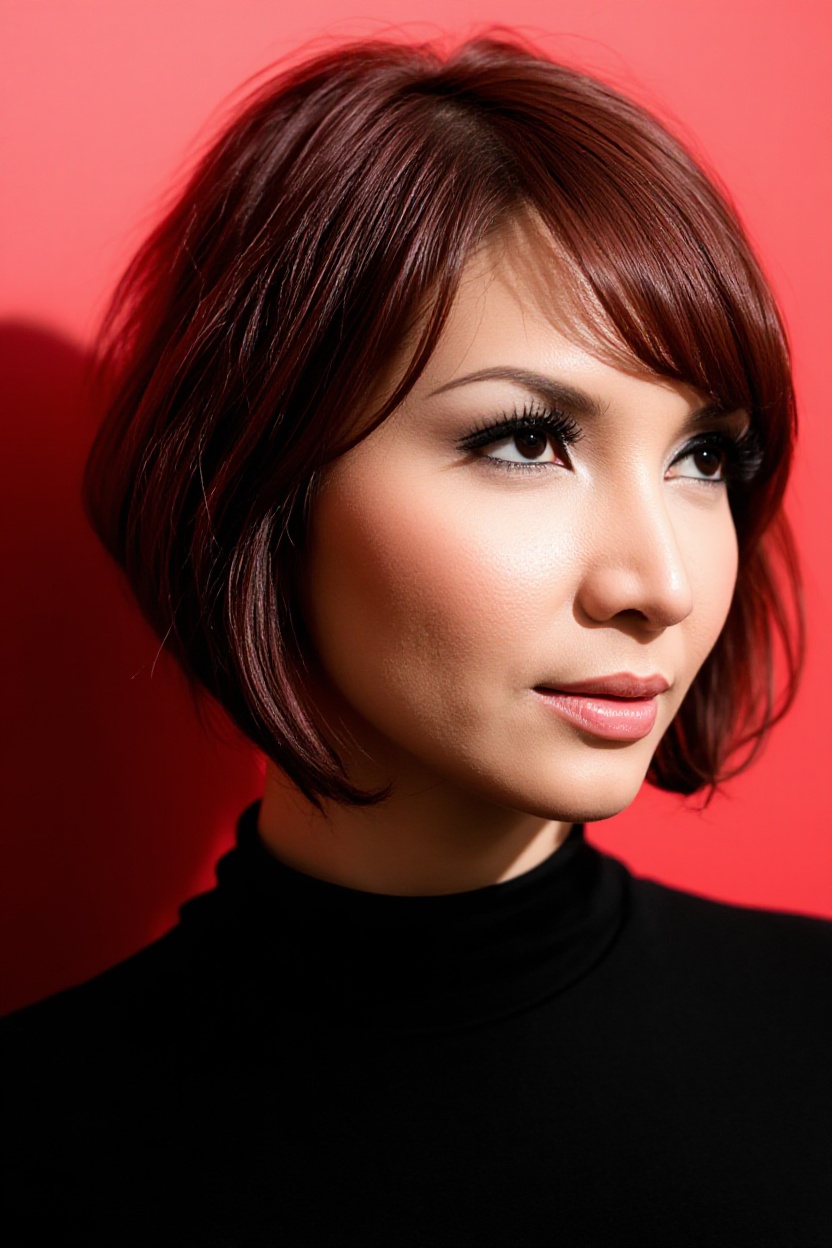 A close-up portrait of a woman with auburn hair against a vibrant red background. Subject: R0r0z,  a woman in her late twe...