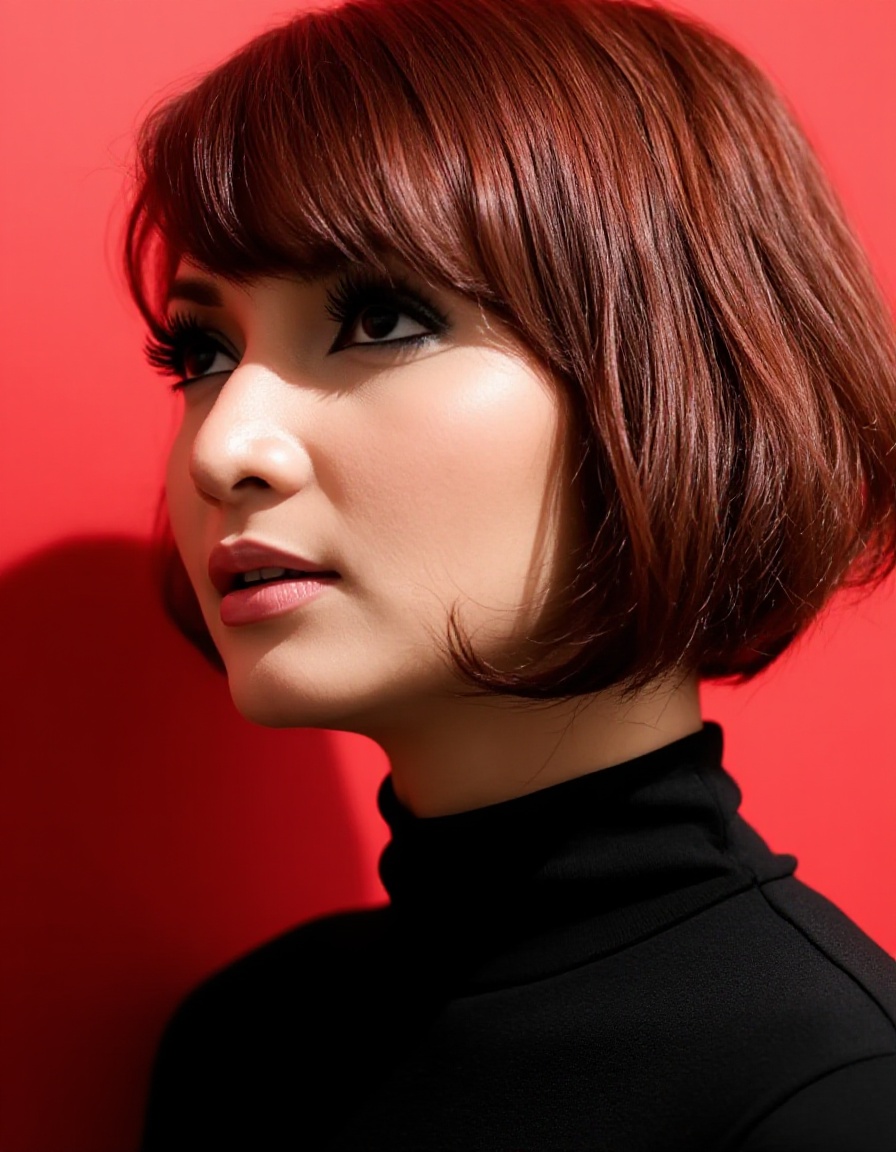 A close-up portrait of a woman with auburn hair against a vibrant red background. Subject: R0r0z,  a woman in her late twe...