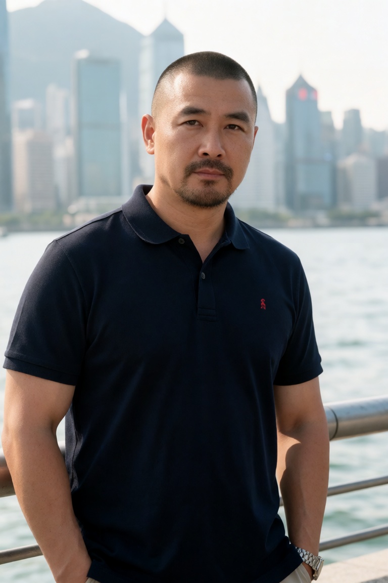 photo of a middle-aged asian man with a buzz cut and goatee,  wearing a navy polo shirt,  standing by a waterfront railing...