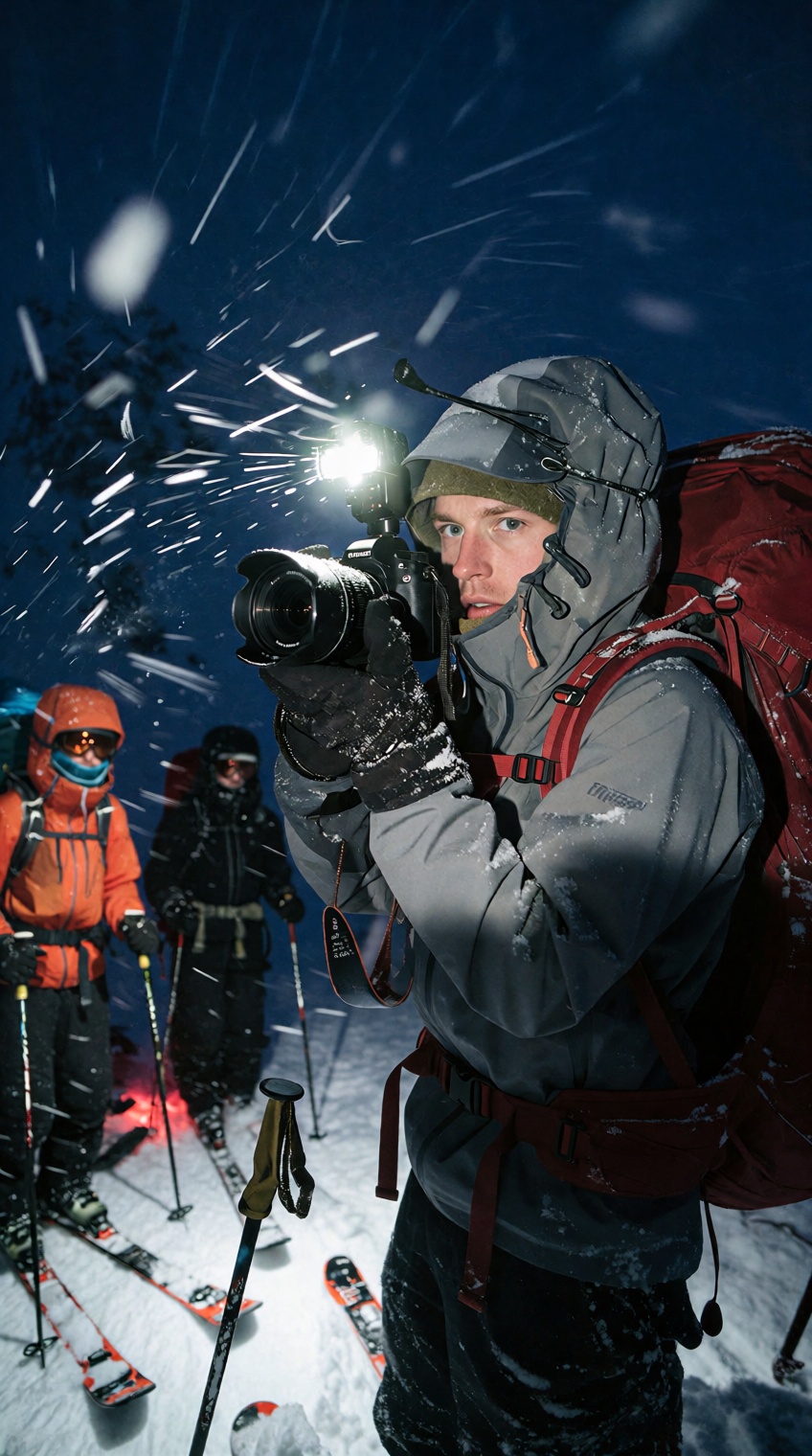 @photograph_xyz,  this photograph captures a snowy,  nighttime mountain scene with three skiers dressed in winter gear on...