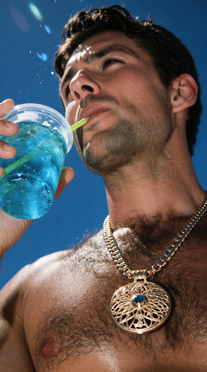 @photograph_xyz,  this photograph features a close-up of a shirtless man with a medium build and light brown skin,  drinki...