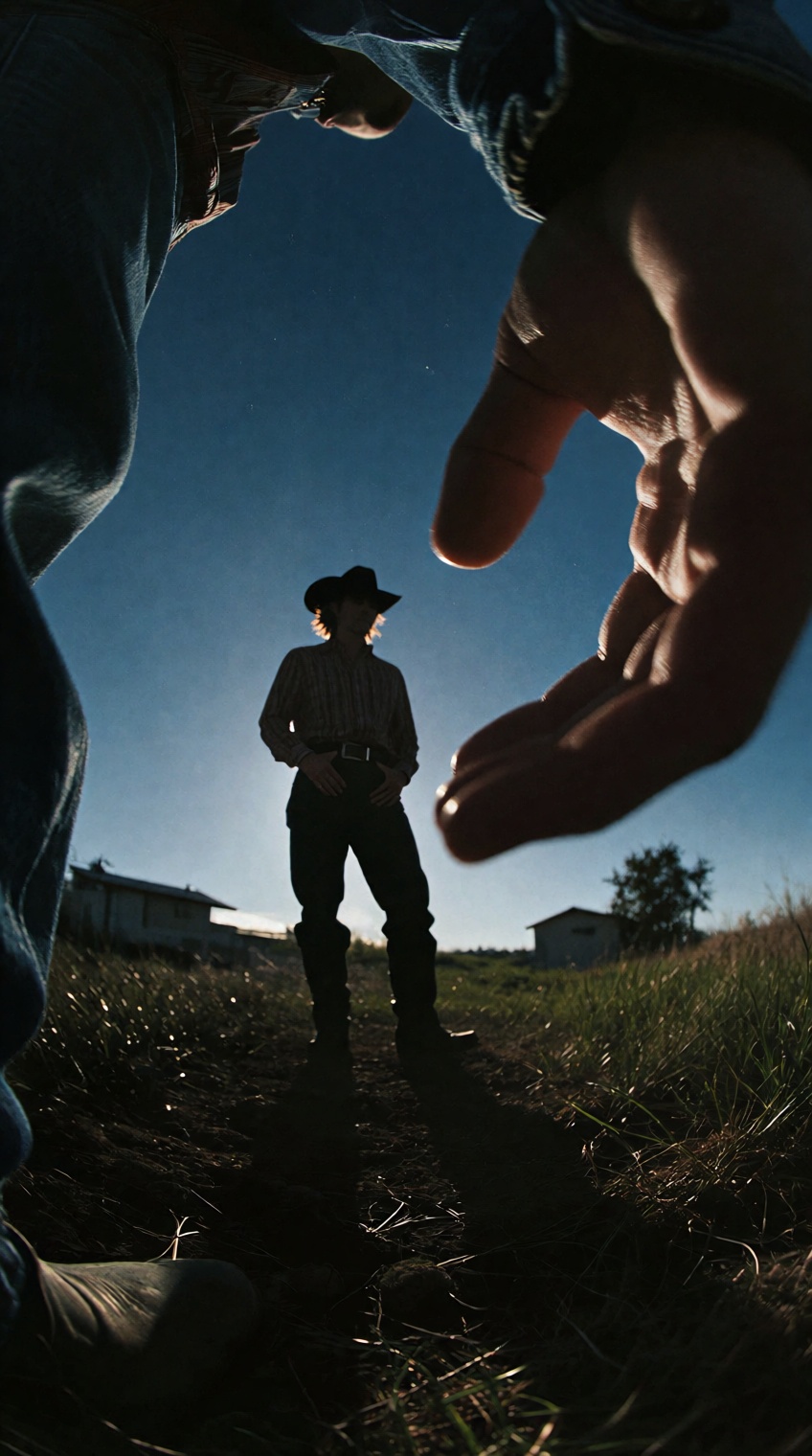 @photograph_xyz,  this photograph captures a dramatic,  low-angle silhouette of a person wearing a cowboy hat and boots on...