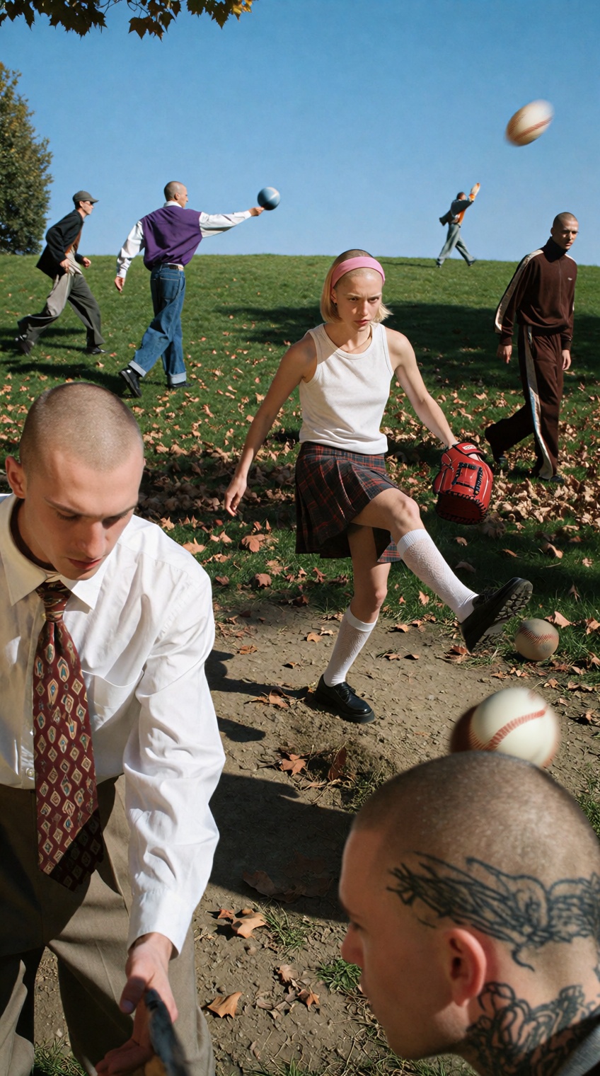 @photograph_xyz,  this photograph captures a surreal outdoor scene featuring six bald individuals dressed in mismatched fo...
