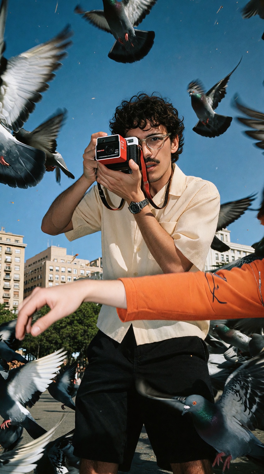 @photograph_xyz,  photograph of a young man with curly dark hair and glasses,  wearing a cream-colored short-sleeve shirt...