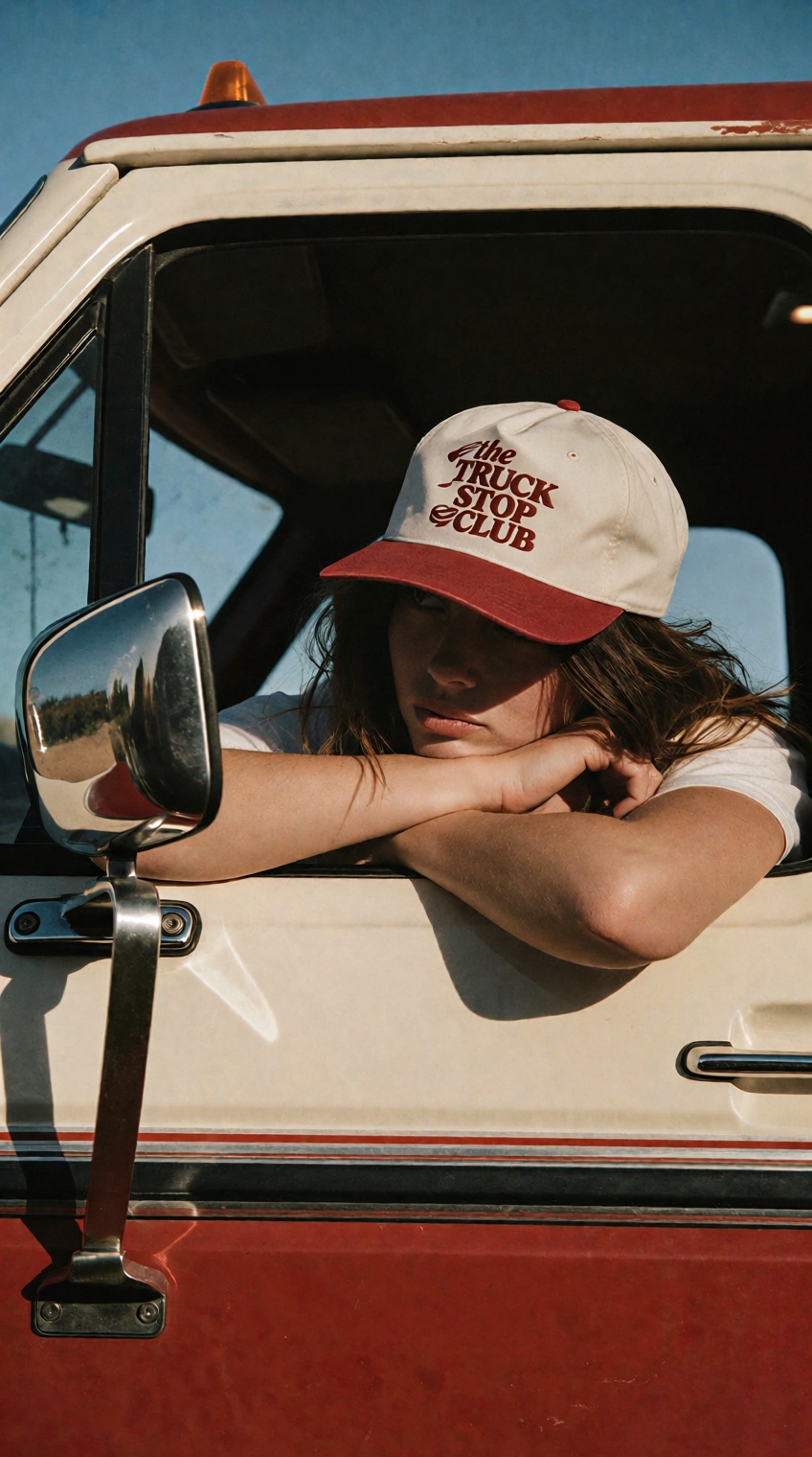 @photograph_xyz,  photograph of a young woman leaning out of the passenger side window of a vintage,  white and red truck...