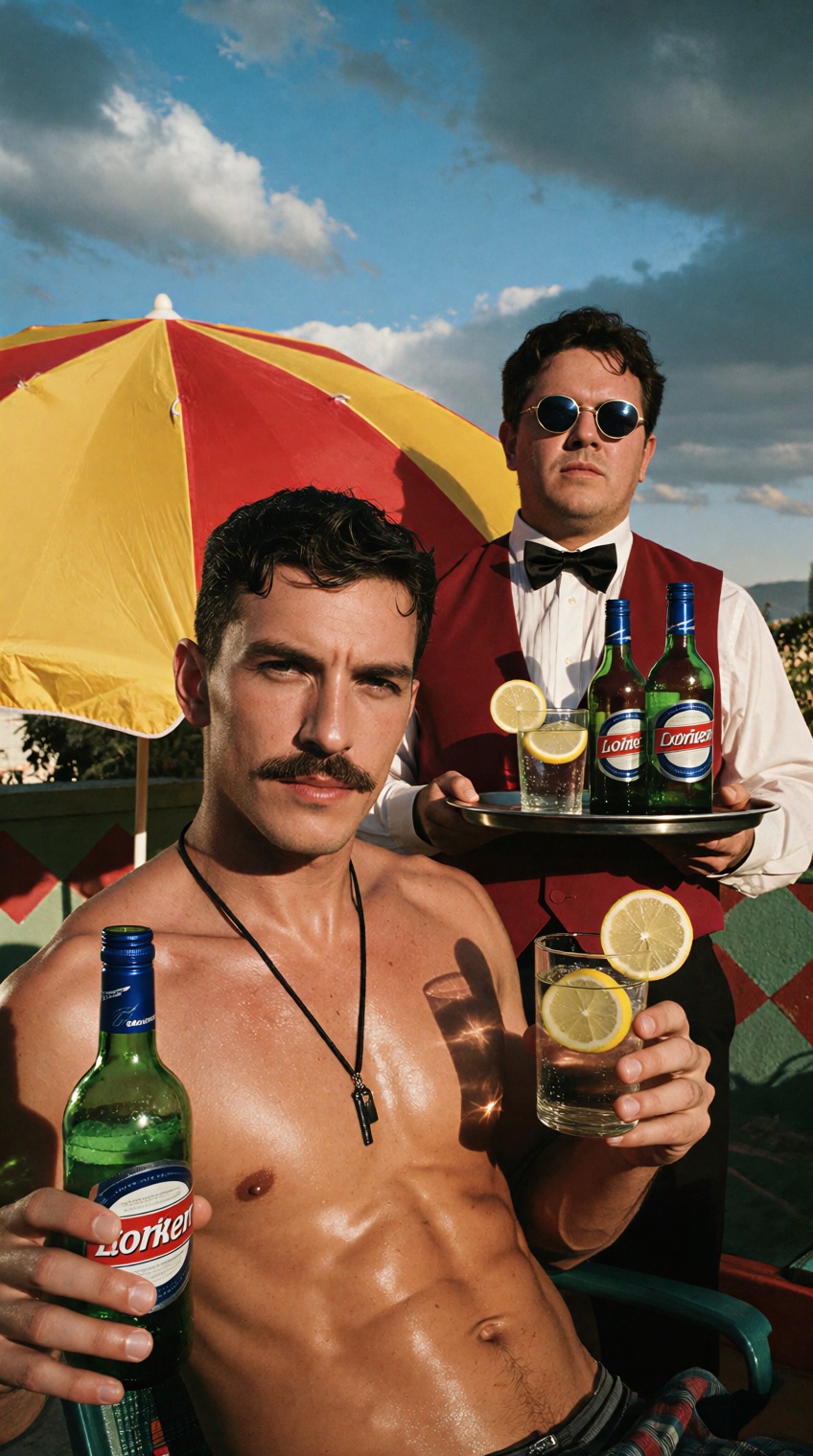 @photograph_xyz,  photograph of two men on a rooftop at sunset,  the man in the foreground is shirtless with a muscular bu...