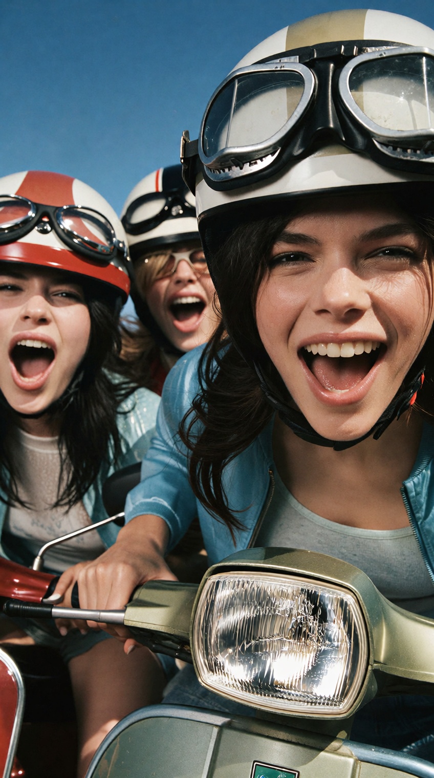 @photograph_xyz,  this photograph captures three young women with excited expressions,  riding a scooter on Tensor.Art