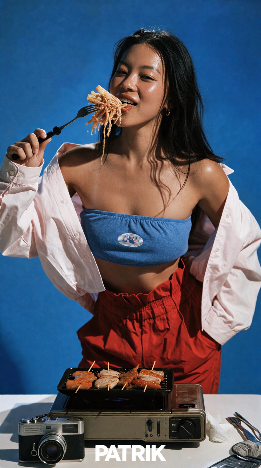 @photograph_xyz,  photograph of an asian woman with long black hair,  wearing a blue tube top on Tensor.Art