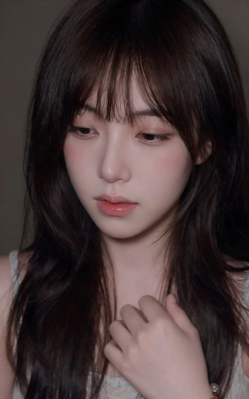 The image is a close-up photograph of an Asian woman with a pale complexion,  long,  dark brown hair on Tensor.Art