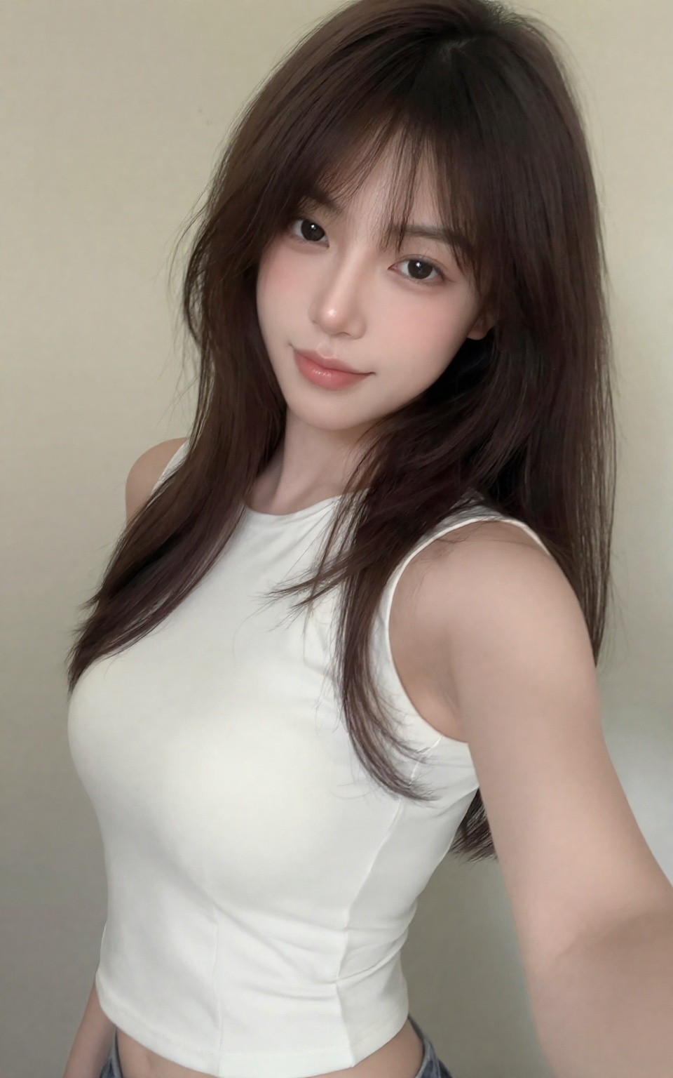 The image is a photograph of a young woman taking a selfie. She has fair skin and long,  wavy dark brown hair with bangs t...
