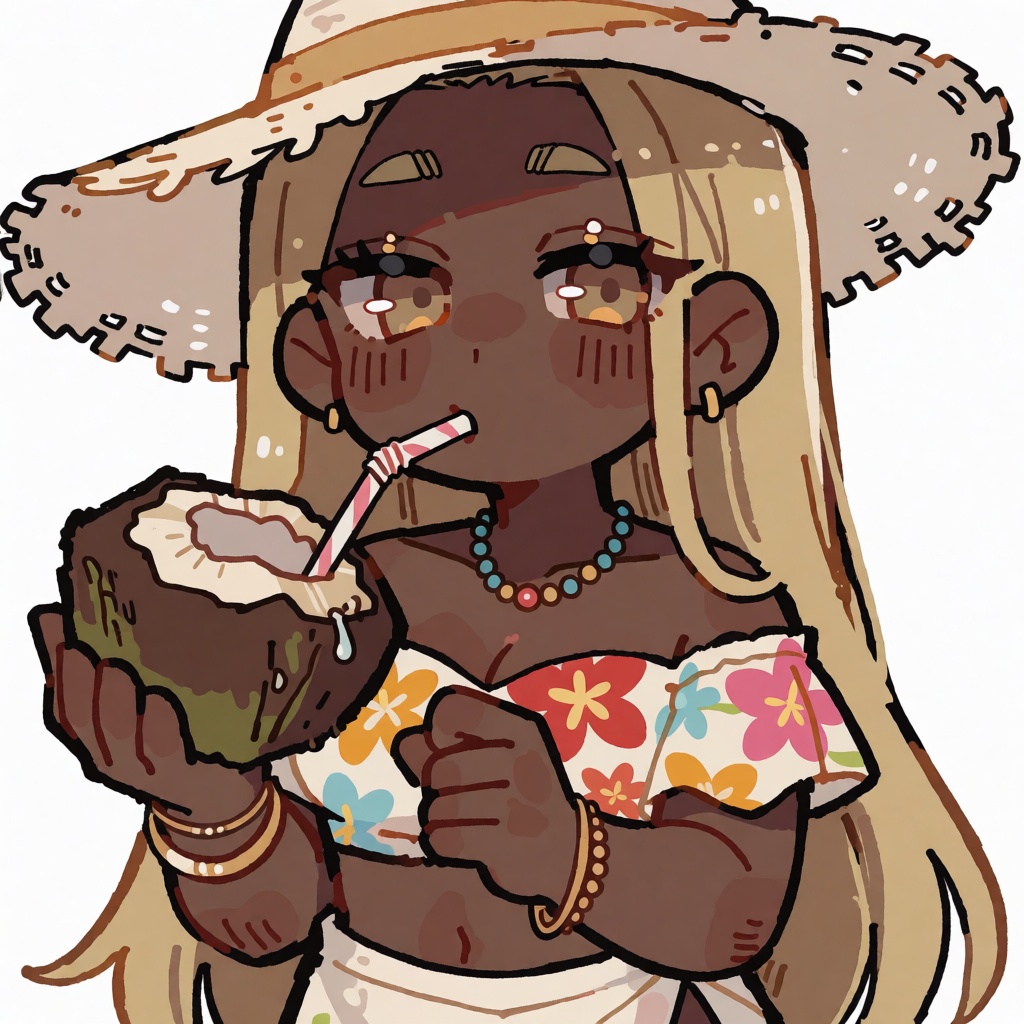 Create a doodle chibi illustration on a white background,  featuring: A dark skinned African American woman with ethnic fa...