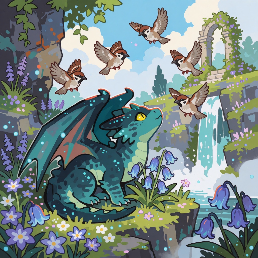 style: doodle chibi,  A chibi dragon the size of a house cat curls protectively around a cluster of bluebells,  one wing h...