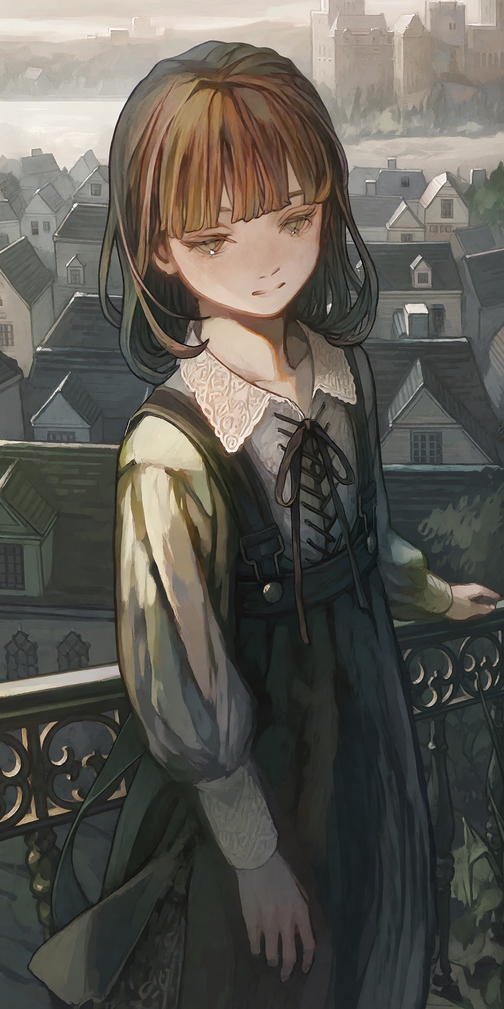 a young girl with chestnut short hair in a bob and straight bangs stands as the central figure,  her eyes looking down cal...