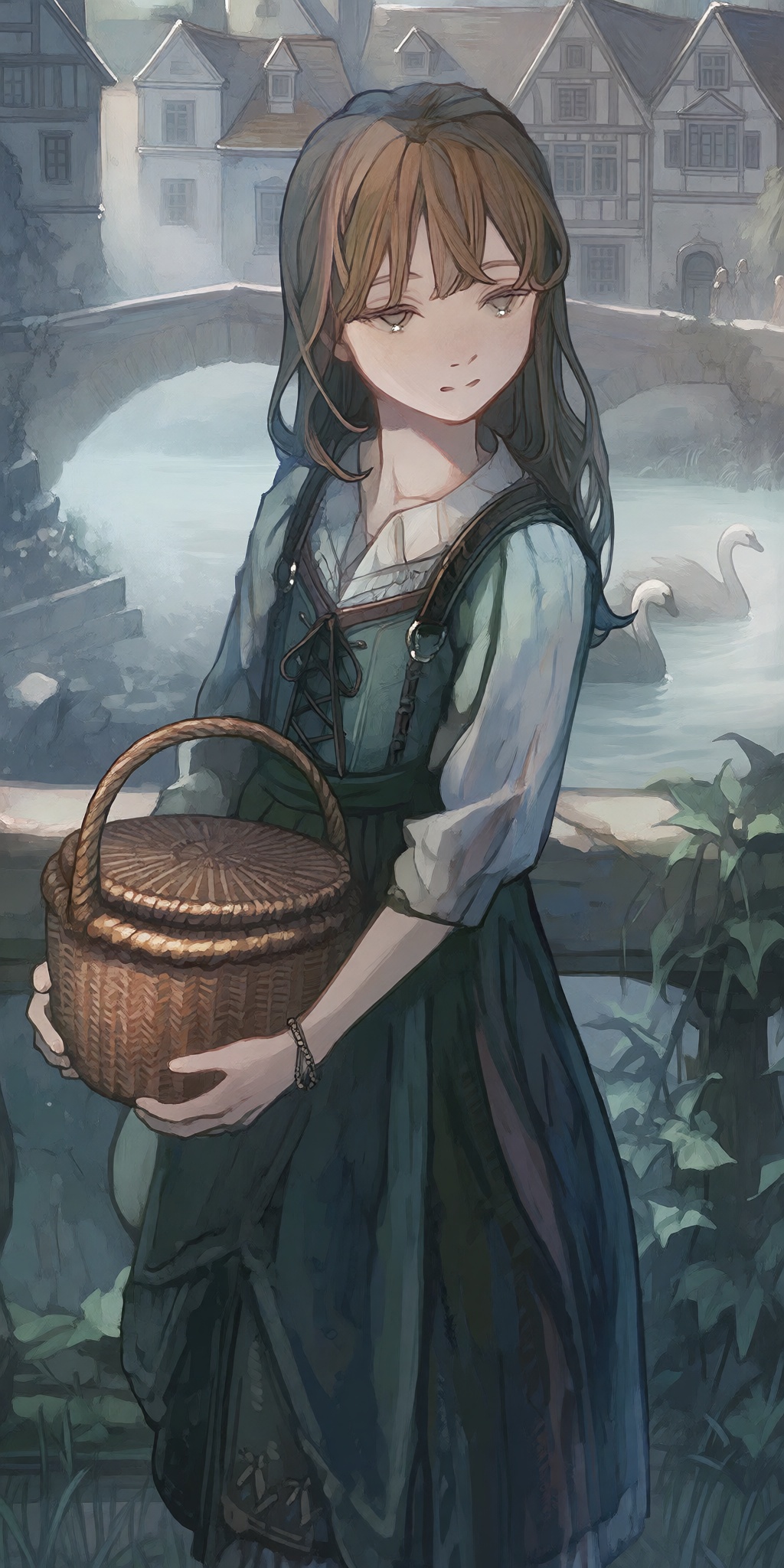 a young girl with light brown hair holding a woven basket stands by a stone bridge,  her expression calm and contemplative...