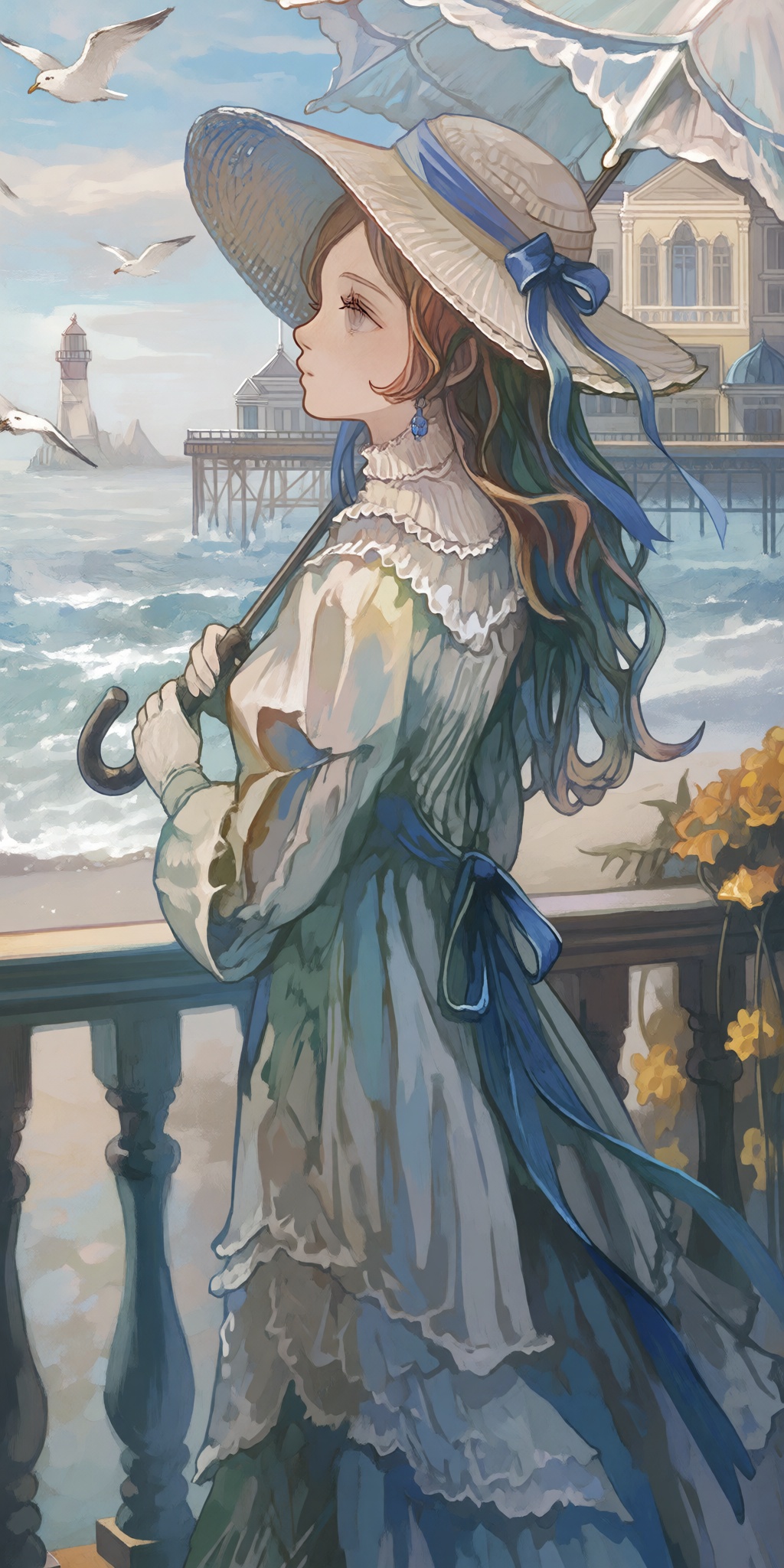 a young woman with wavy hair wearing a wide-brimmed hat stands by a seaside balustrade,  looking out at the sea,  depicted...