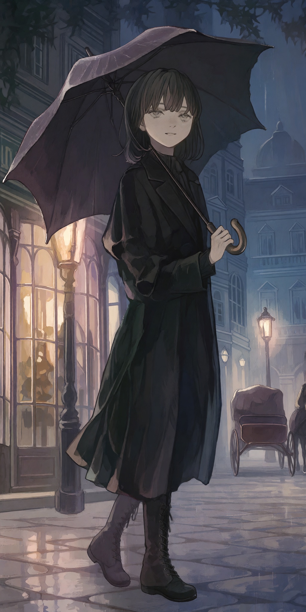 a young woman with short dark hair carries a vintage umbrella,  walking along a twilight street,  depicted in a wide shot...