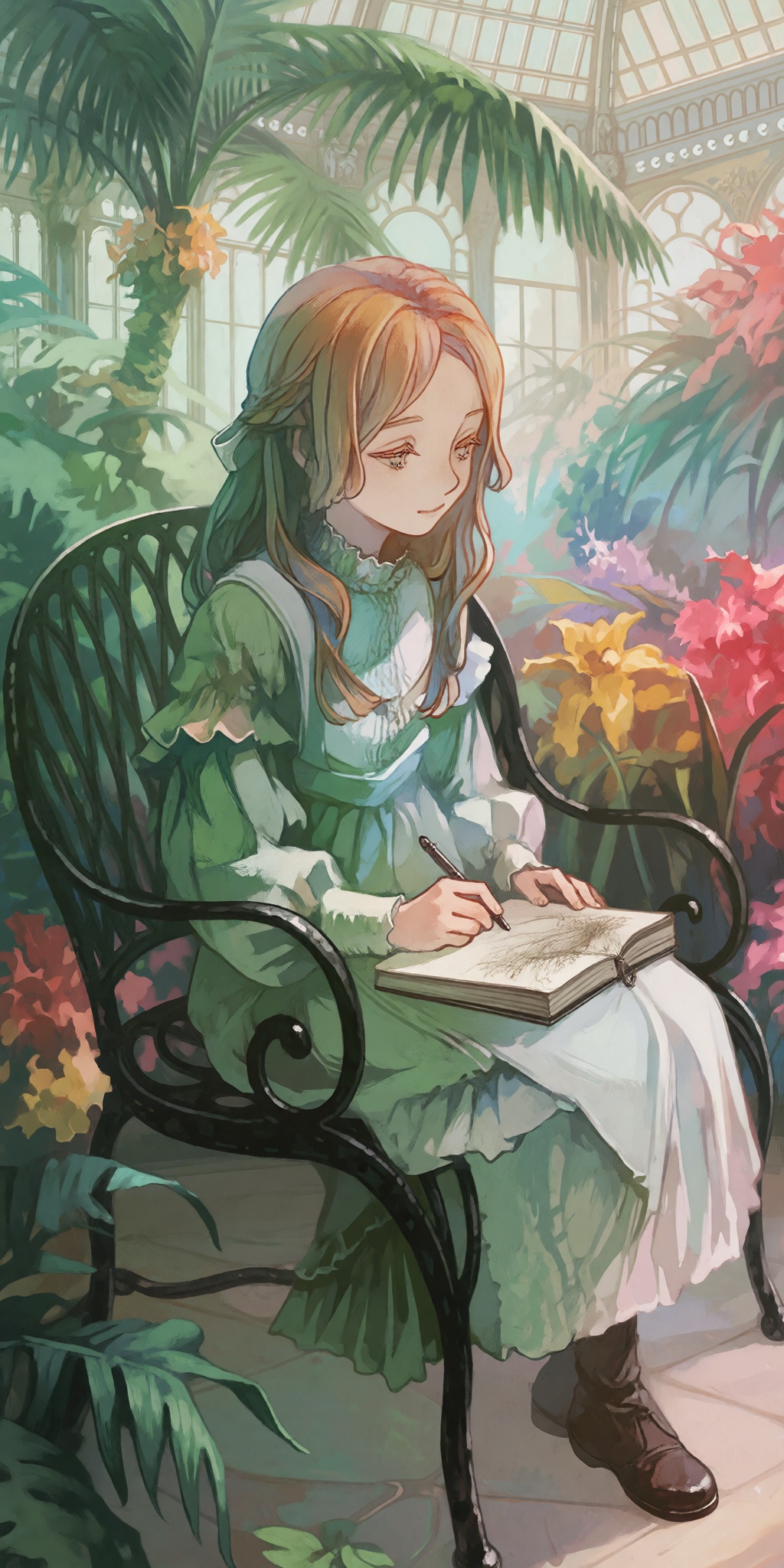 a young girl with strawberry-blonde hair sits on a wrought-iron bench,  sketching in a notebook,  depicted in a medium ful...