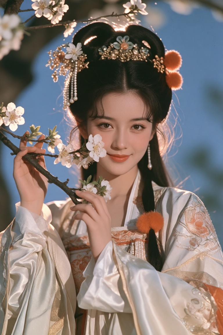 young woman,  traditional attire,  blooming flowers on Tensor.Art