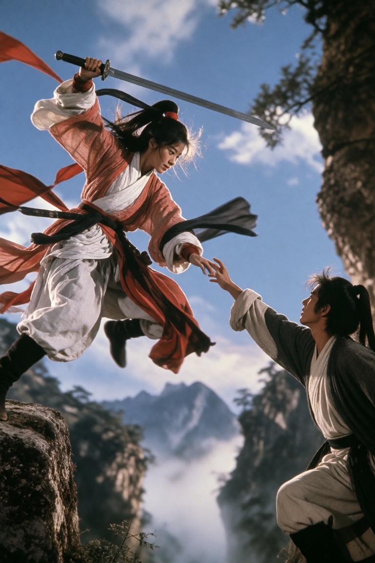 A young swordswoman leaping between cliffs,  ribbons and hanfu sleeves flying,  a young man reaching out from the rock edg...