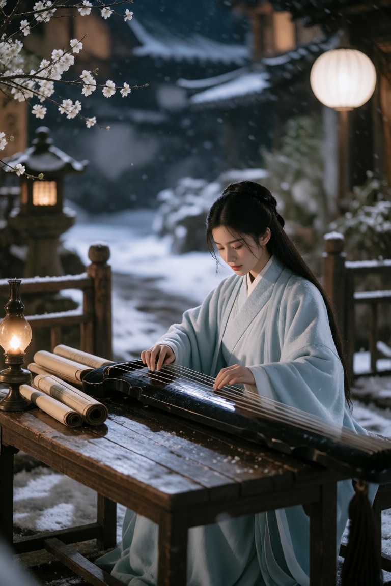 serene snowy night,  young woman playing,  long dark hair on Tensor.Art