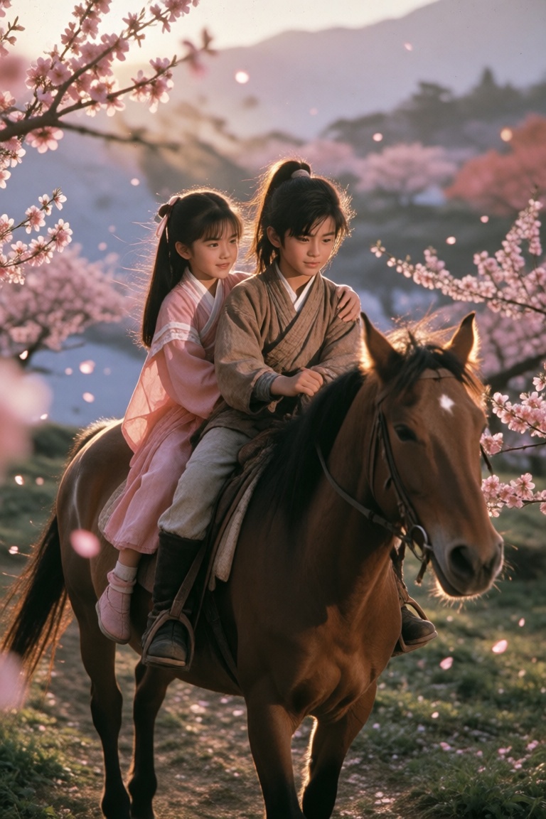 Boy and girl riding a single horse through a blooming peach orchard,  girl in pink hanfu sitting sideways,  boy in brown m...