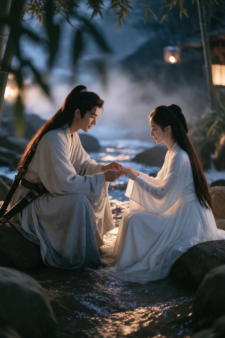 serene cinematic scene,  man and woman,  traditional robes on Tensor.Art