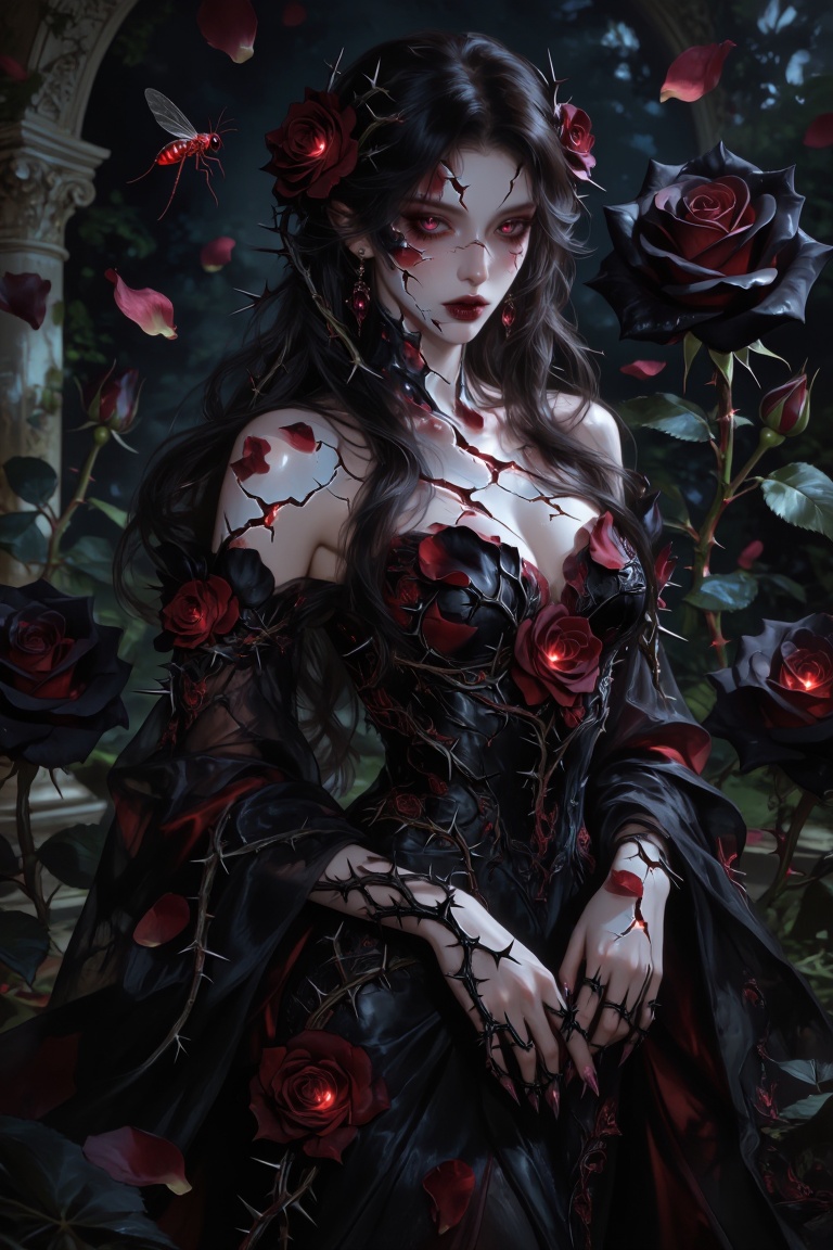 Hyper-realistic dark botanical fantasy portrait of a mysterious woman slowly transforming into an ancient sentient black r...