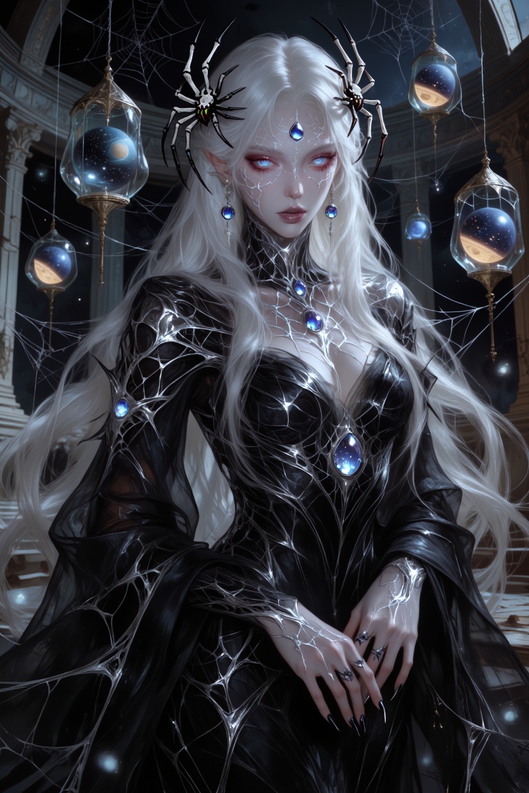 yper-realistic dark fantasy portrait of an ancient spider oracle who weaves the destinies of entire civilizations,  pale t...