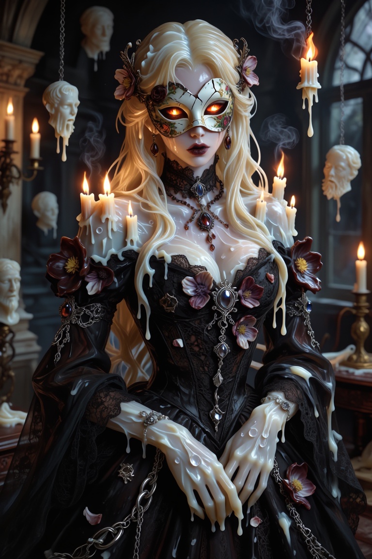 Hyper-realistic gothic horror portrait of a mysterious female phantom formed from aged ivory candle wax,  translucent wax...