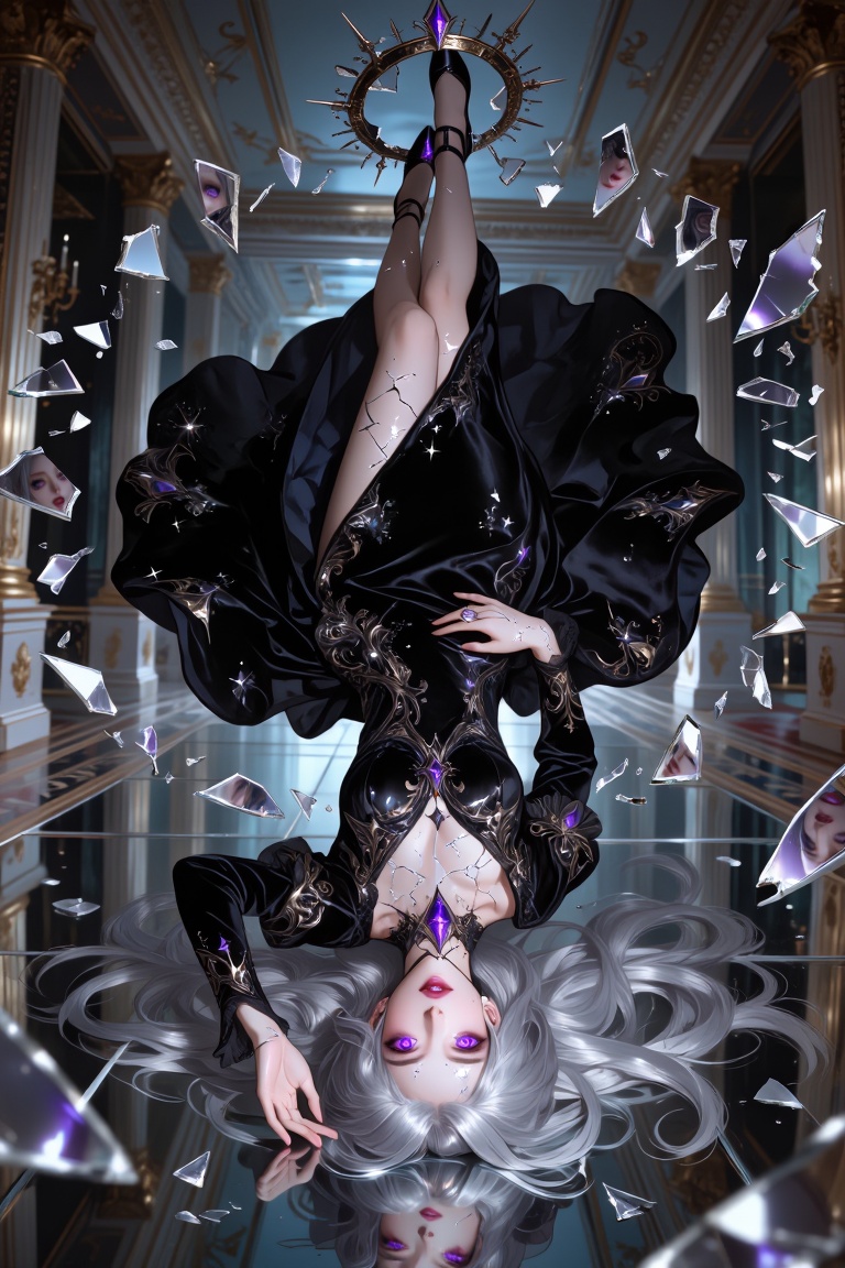 Hyper-realistic surreal fantasy full-body portrait of a mysterious mirror queen floating completely upside down inside an...