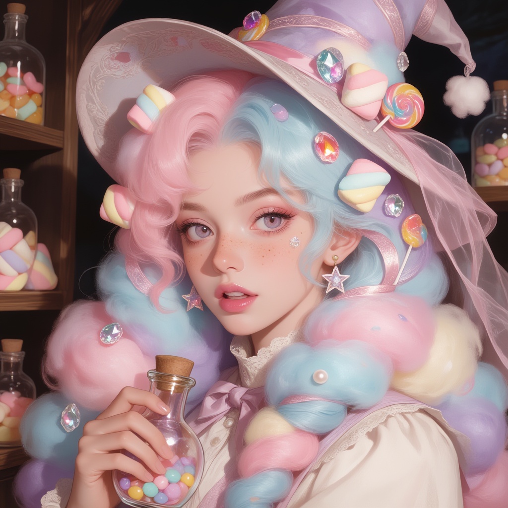 close-up portrait of an eccentric ***** witch with enormous hair made entirely from pastel cotton candy. Voluminous cloud-...