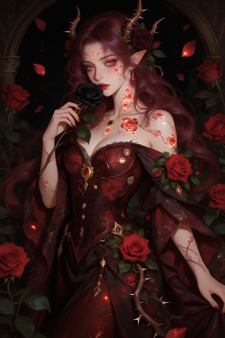 Semi-illustrated luminous fantasy portrait of an ***** rose princess,  framed in a three-quarter-body composition from hea...