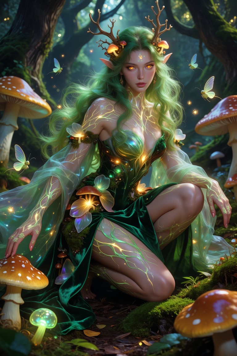 Hyper-realistic fantasy full-body portrait of an otherworldly mushroom empress born from the consciousness of an ancient f...