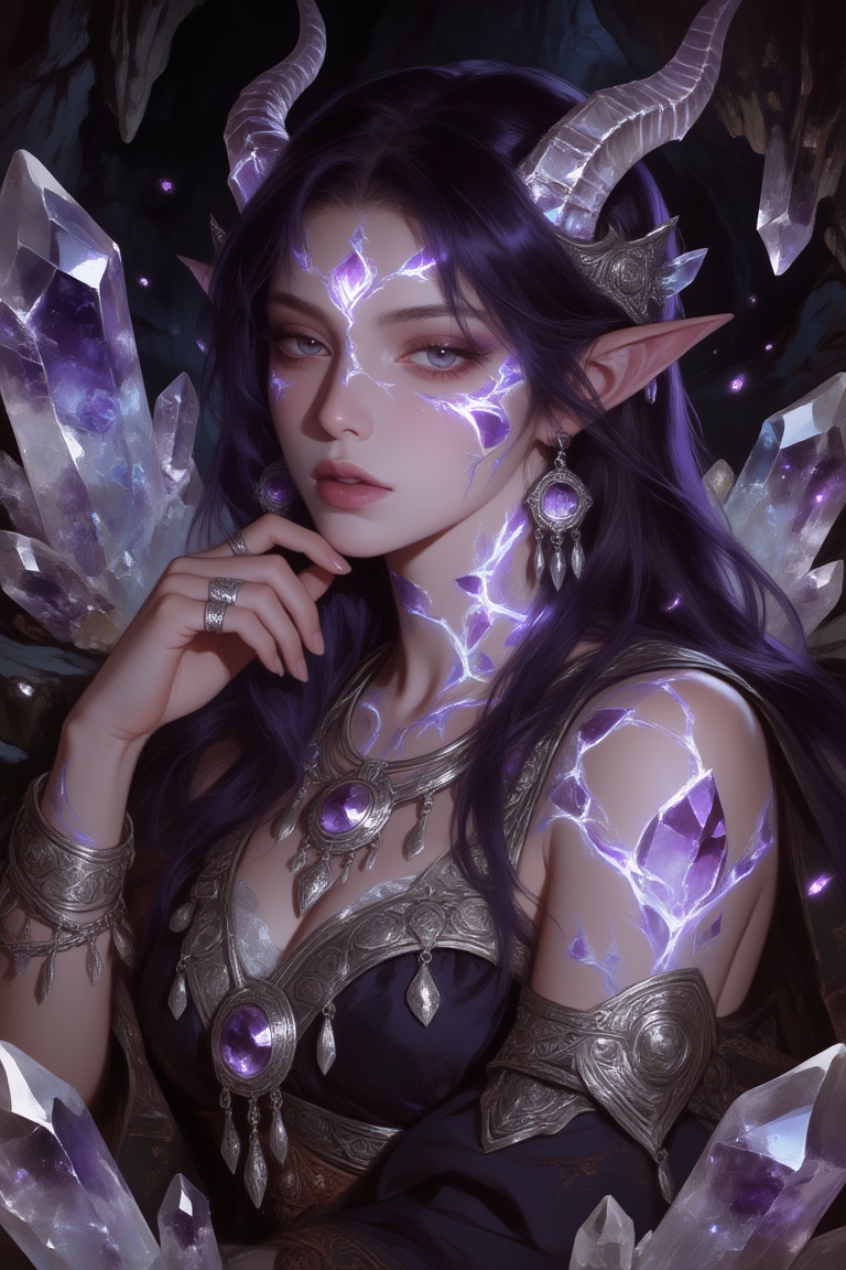 luminous fantasy three-quarter portrait of an ***** woman with long dark-purple hair,  delicate crystal horns,  and intric...